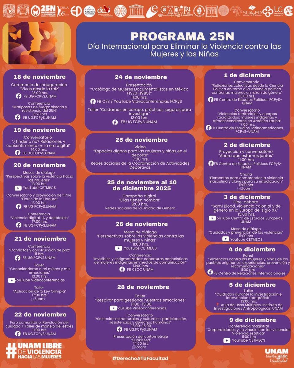 UNAM_FCPyS's tweet image. 🔸 No te pierdas las actividades que preparamos para conmemorar el #25N

🎙️ Conferencias | 🧩 Talleres | 💬 Conversatorios | 📲 Campañas digitales y más

¡Súmate!

#25noviembredíainternacionalcontralaviolenciahacialamujer #unamlibredeviolenciahacialasmujeres #derechoatufacultad💜