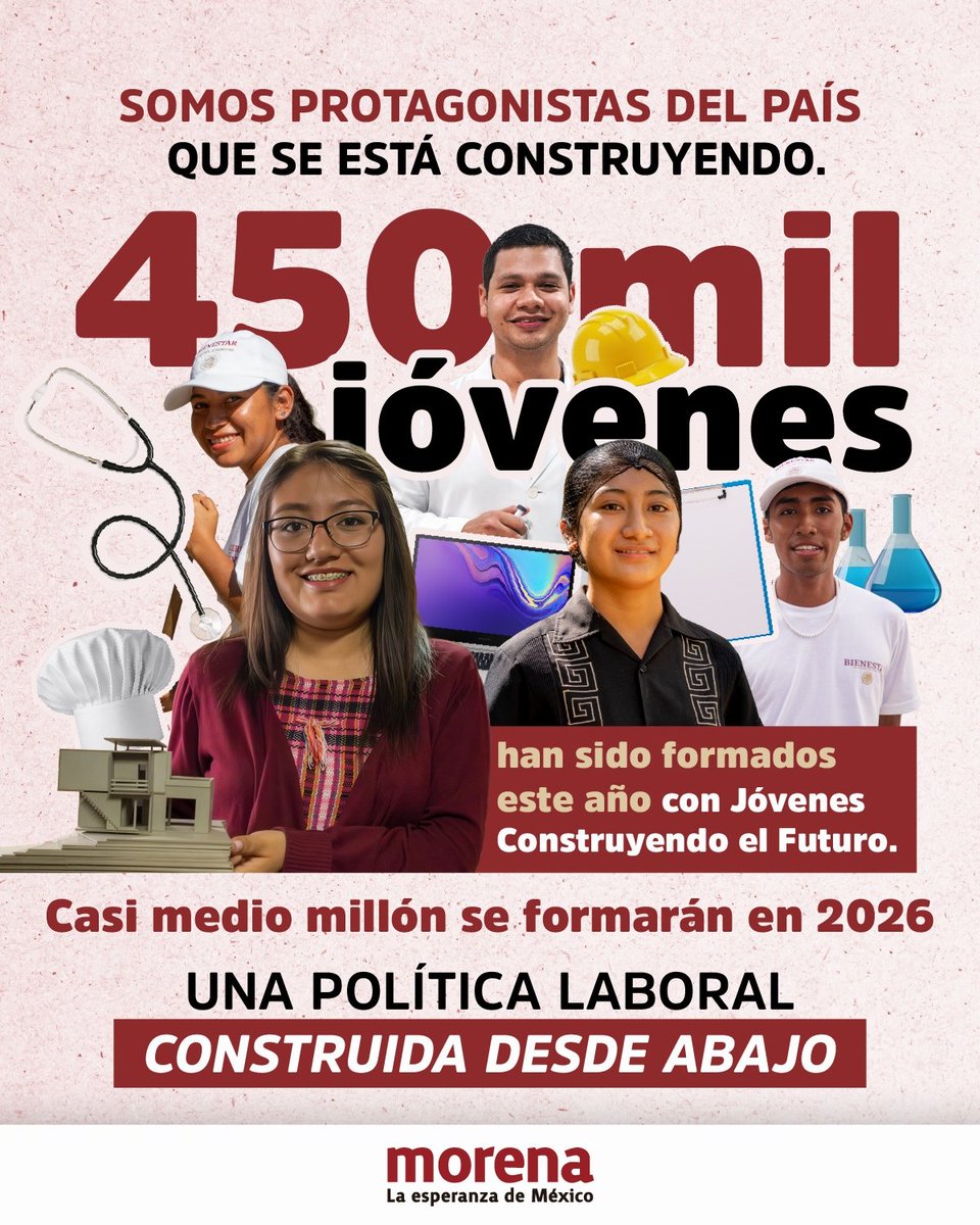 La Transformación también se escribe con la fuerza y el talento de nuestra juventud. 🌟

Hoy, miles de jóvenes están encontrando oportunidades reales para formarse, trabajar y construir un mejor futuro para sus comunidades.

Con el Gobierno de la #4T se sigue demostrando que