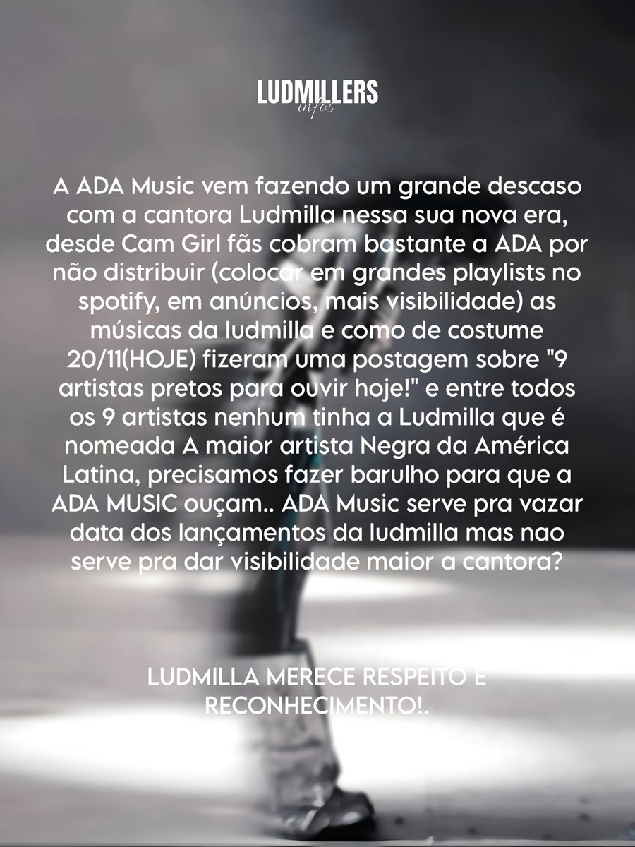 Novidades? Jamais! apenas mais uma negligência da <a href="/ADAMusicBrasil/">ADA Brasil</a> com A Maior cantora da América Latina em pleno dia da consciência Negra

façam barulho com comentários sobre não terem colocado a ludmilla nesse post:
instagram.com/p/DRR1axojaki/…
