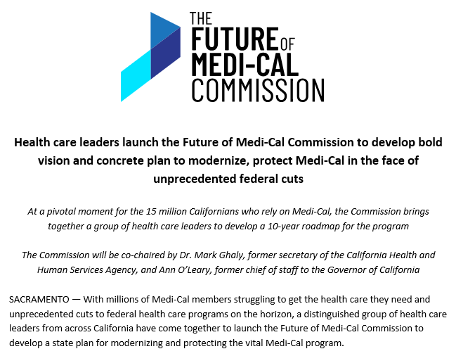 📢 NOW INTRODUCING: The <a href="/FutureMedi_Cal/">Future of Medi-Cal Commission</a> Commission!

Read today's press release to learn more about the distinguished group of health care leaders who have come together to develop a state plan for modernizing and protecting the vital Medi-Cal program.

➡️futureofmedi-cal.org/health-care-le…