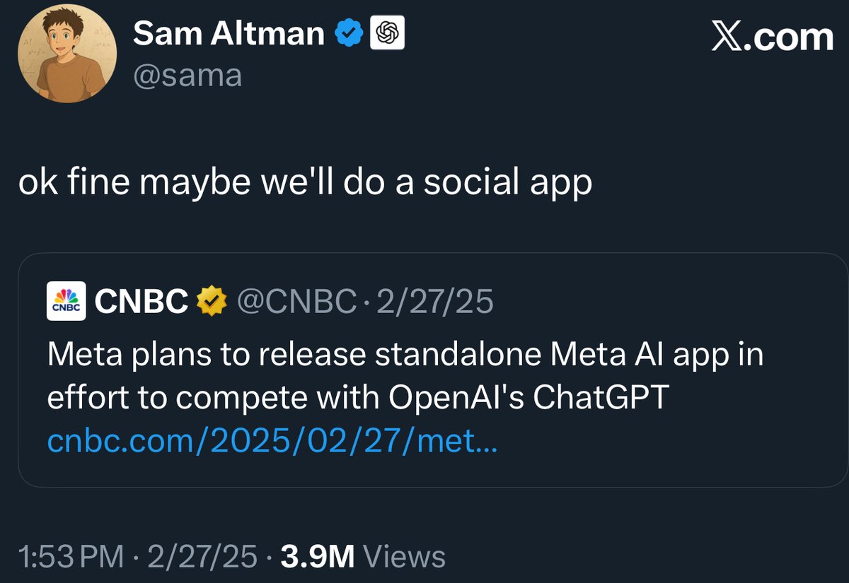 O ChatGPT está se transformando em um aplicativo social.

 Sam conseguiu antes que Zuck pudesse tornar o aplicativo Meta