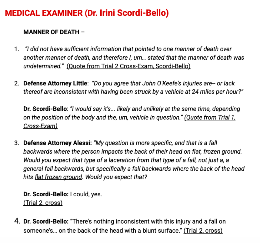 SO many misleading assertions in Karen Read's lawsuit document. 

For instance...

The only expert witness who claimed that John's head hit a 'ridged' surface on the ground was the defense's own expert. 

Not the ME who did the actual autopsy, Dr. Scordi-Bello. (Not to mention,