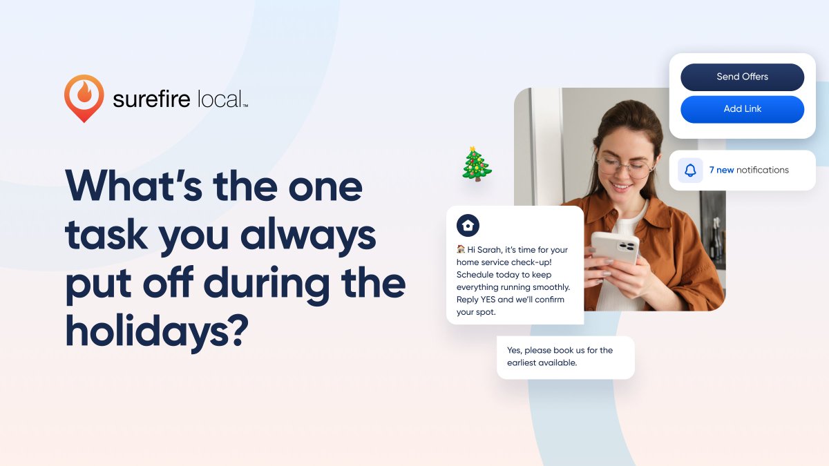 SurefireLocal's tweet image. What’s the one task you always put off during the holidays?

👉 Responding to reviews
👉 Updating your website
👉 Posting on social

You’re not alone.

Our platform + AI makes the “put-offs” way easier 👉 info.surefirelocal.com/lp/demo