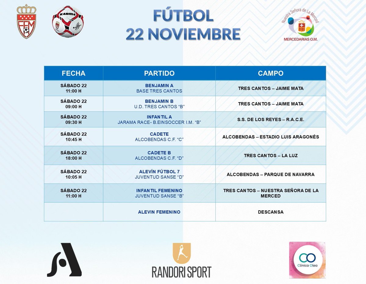 Os dejamos con los horarios de esta semana de nuestros equipos de fútbol.
🤝🏻 Patrocinados por @clinica_olea , @antojosgourmettrescantos y
@randorisport