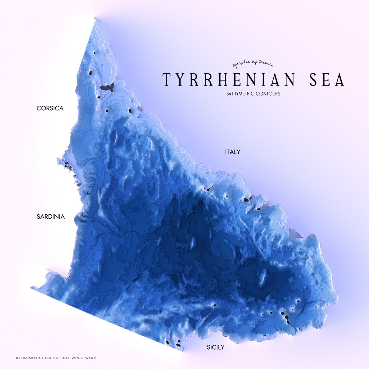 researchremora's tweet image. #30DayMapChallenge · Day 20 · Water. Bathymetric contours of the Tyrrhenian Sea. Why? I can&apos;t say...just felt like it I suppose. 

#rayshader adventures, an #rstats tale
