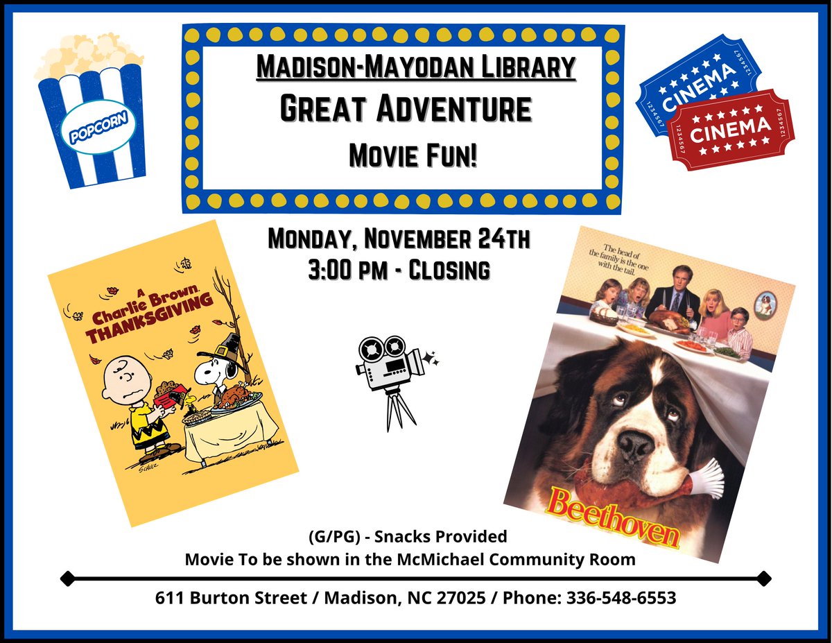 RCP_Library's tweet image. Rockingham County Public Library programs and events for Monday, November 24th! 📽️🦃🪶