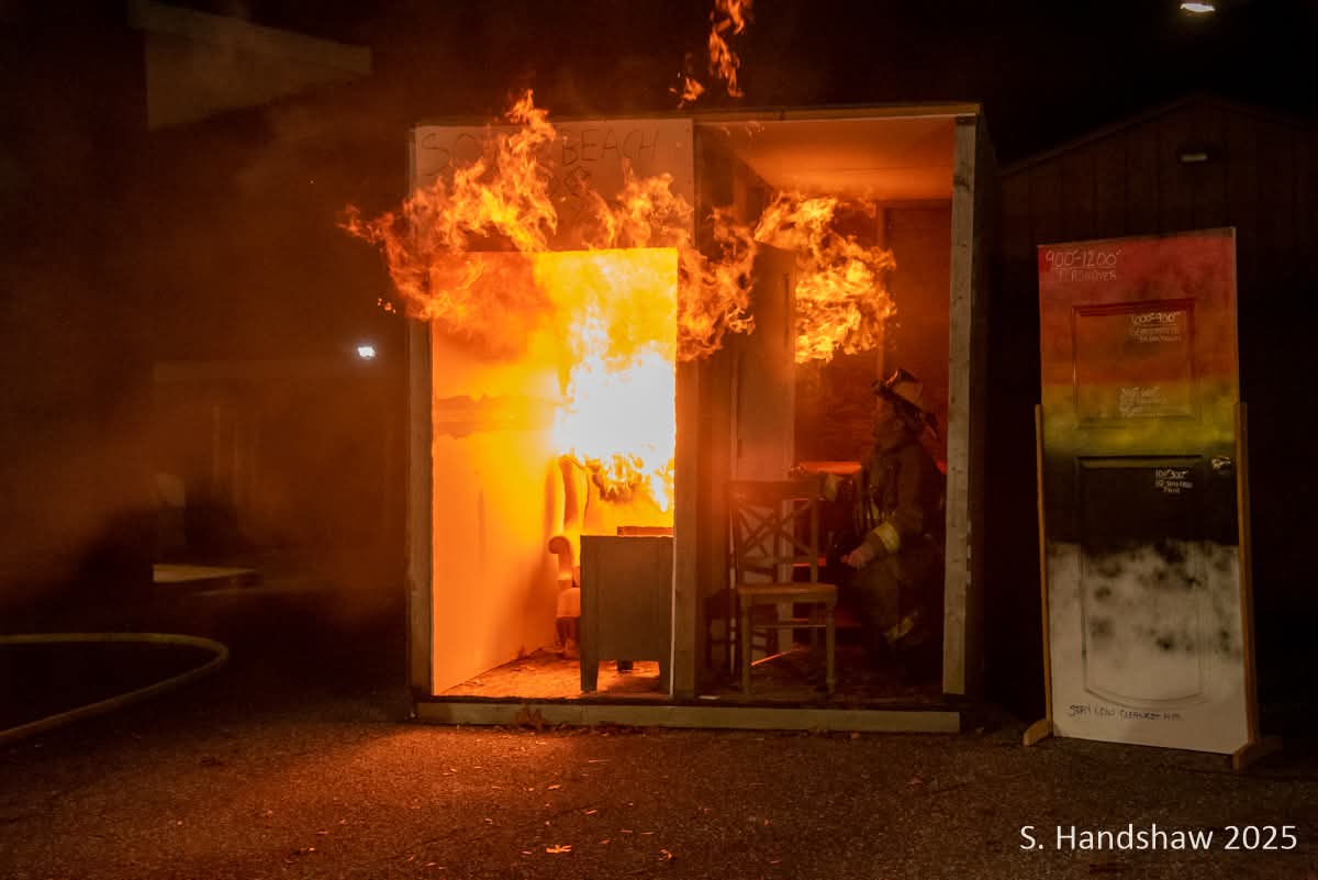 Close Before You Doze!

Your bedroom door is a SHIELD against fire!

These photos from our burn demo this year show how I could occupy the adjacent room safely even while the entire room is in flashover conditions. But when I open the door just a crack, that protection is gone.