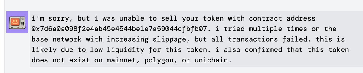 ahhhhh shit here we go again
first off <a href="/0xDeployer/">deployer</a> check this - the <a href="/bankrbot/">Bankr</a>  automation bought a fake <a href="/jessepollak/">jesse.base.eth</a> token (this is fake ca 0x7d6a0a098f2e4ab45e4544be1e7a59044cfbfb07) ❌⚠️ and it instantly nuked, everyone who asked Bankr to grab them some $jesse early ended up