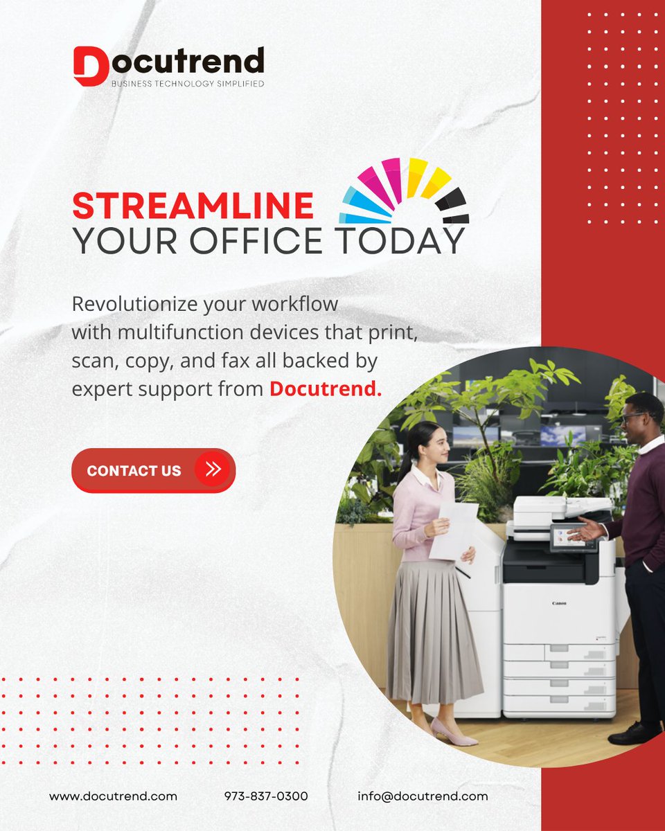 Docutrend's tweet image. Docutrend partners with Canon to bring you reliable, high-quality multifunction devices that keep your team productive. Enjoy seamless workflows, expert support, and cost-saving Managed Print Services.

Optimize your office today: bit.ly/3dDfqtq

#OfficeSolutions