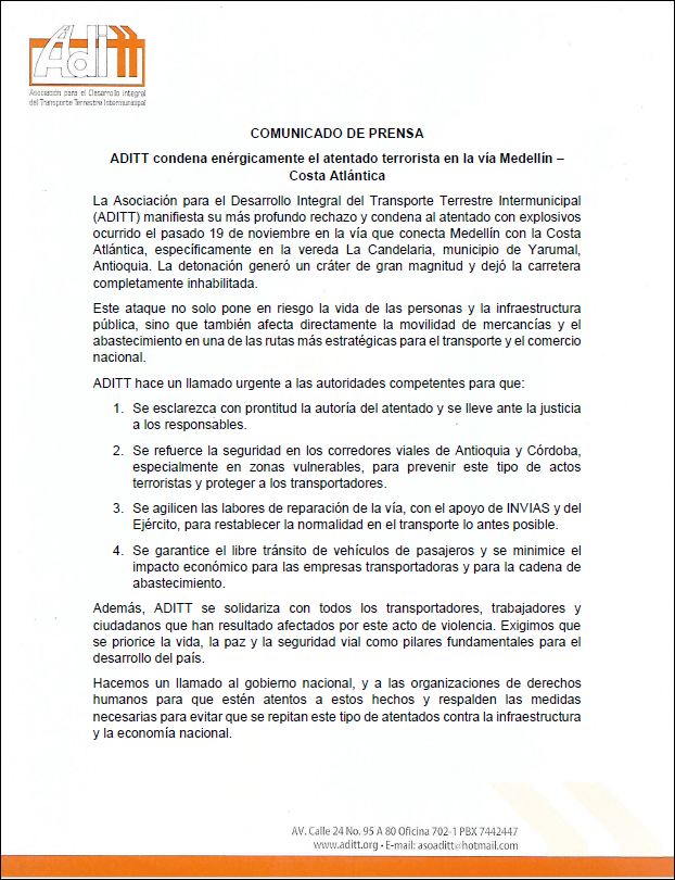 #ADITT rechaza el atentado con explosivos del 19 de noviembre en Yarumal, Antioquia. Esta violencia no solo daña la infraestructura, sino que golpea la movilidad de mercancías y el abastecimiento nacional. 🚛 Solidaridad con los transportadores. 
La paz y la seguridad vial son