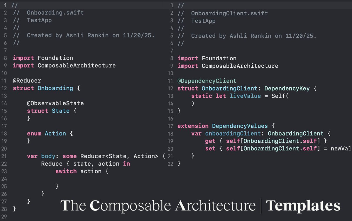 lickability's tweet image. Our engineer Ashli got tired of writing TCA’s boilerplate and made two templates for anyone to use: one for Dependencies and one for Reducers!

Check them out here: github.com/Lickability/Xc…

More below ⤵️