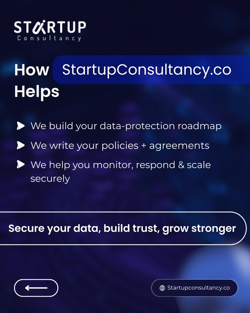 startupteam101's tweet image. Data compliance is your startup’s trust engine. From GDPR risks to weak vendor contracts, learn how to protect your product from day one.

#StartupSecurity #DataCompliance #BuildWithTrust #StartupConsultancy