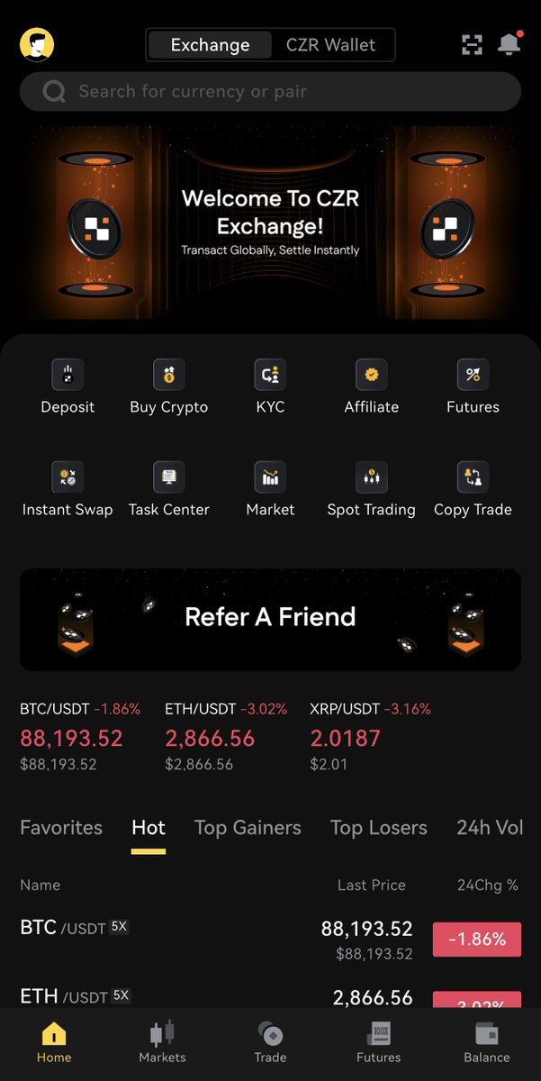CZR Exchange just got a fresh new look.
Our updated UI now features our enhanced CZR brand colors — sharper, modern, and built for global scale.
Plus, we’re expanding:
🌍 CZR International
🇺🇸 CZR US
Two platforms. One brand.
Transact globally. Settle instantly.