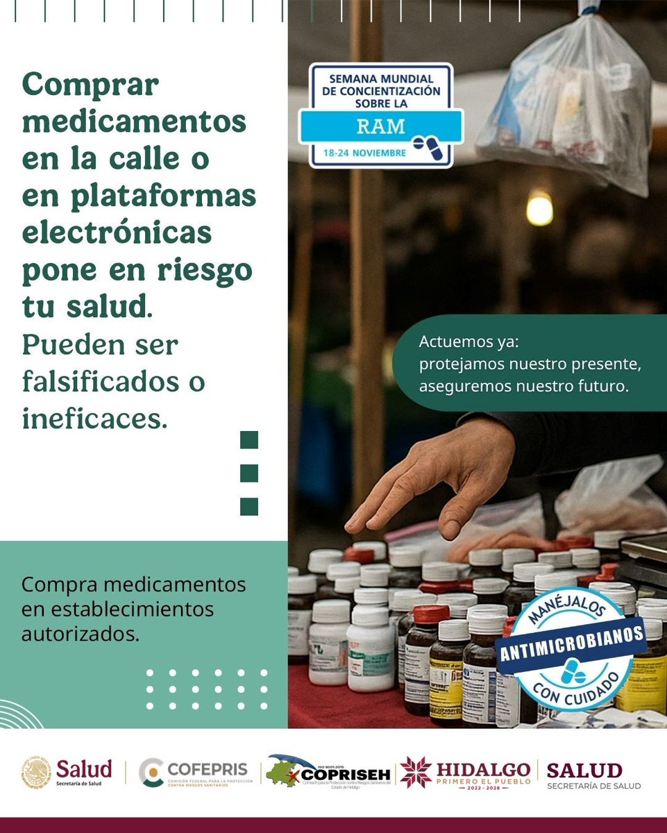 coprisehgo's tweet image. La venta de medicamentos con #antibióticos 💊 u otros #antimicrobianos en puestos ambulantes 🏪 o a través de redes sociales 📱 favorece su uso inadecuado.
Si detectas irregularidades, presenta tu #DenunciaSanitaria 👉 bit.ly/4mqJ7wD
#PrimeroTuSalud #PrimeroElPueblo
