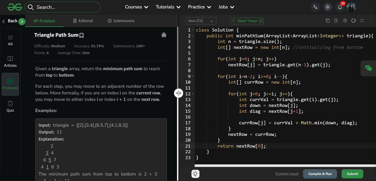 amanhaidry's tweet image. 🗓️Day-120/365 | #365DaysOfCode 💻| @geeksforgeeks

#DynamicProgramming in #DSA
✅Maximum Path Sum in Matrix
✅Triangle Path Sum

🔗Course Link: geeksforgeeks.org/nation-skill-u…
#skillupwithgfg #nationskillup #365DaysOfDSA #geeksforgeeks #gfg #365DaysOfcoding #coding #java