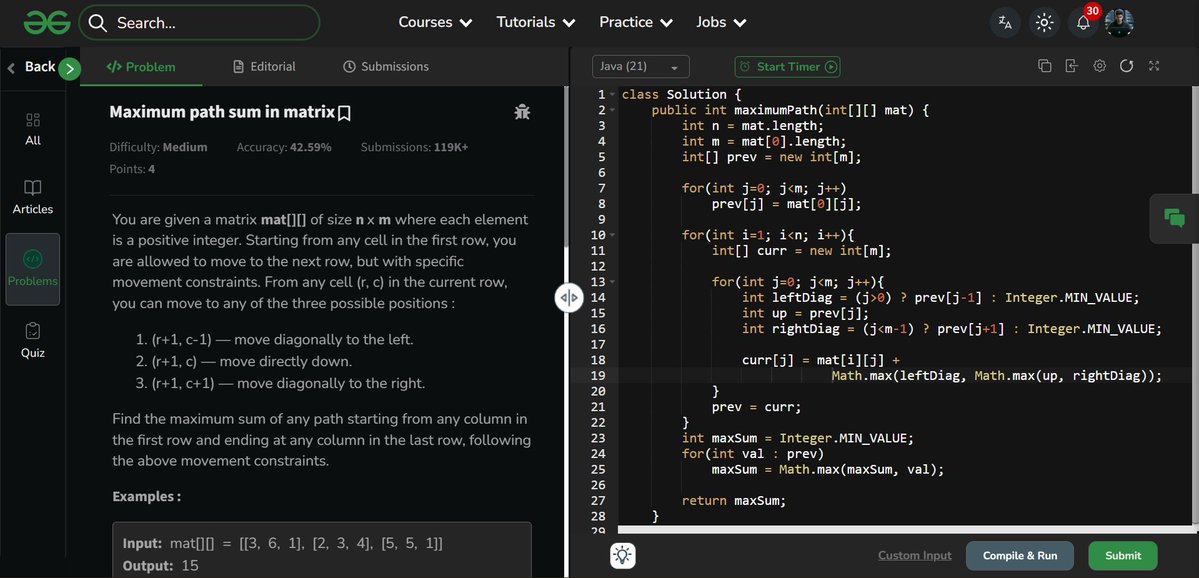 amanhaidry's tweet image. 🗓️Day-120/365 | #365DaysOfCode 💻| @geeksforgeeks

#DynamicProgramming in #DSA
✅Maximum Path Sum in Matrix
✅Triangle Path Sum

🔗Course Link: geeksforgeeks.org/nation-skill-u…
#skillupwithgfg #nationskillup #365DaysOfDSA #geeksforgeeks #gfg #365DaysOfcoding #coding #java