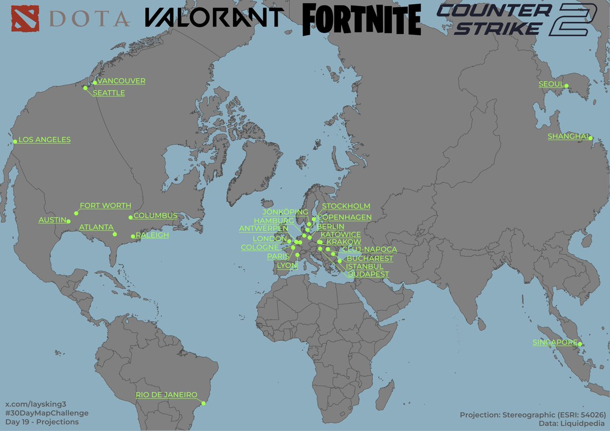 laysking3's tweet image. Where does the big e-sports championships take place? Stereographic projection was used. Data: Liquidpedia. Day 19, Projections #30DayMapChallenge #esports #map