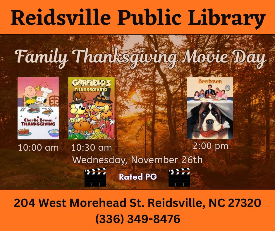RCP_Library's tweet image. Eden Library Movie Matinee showing Jurassic World Rebirth on Wednesday, November 26th at 3pm! Family Thanksgiving Movie Day at Reidsville Public Library on Monday, November 26th at 10am, 10:30am, and 2pm with Charlie Brown, Garfield, and Beethoven! 📽️🦖🦃🐶😺