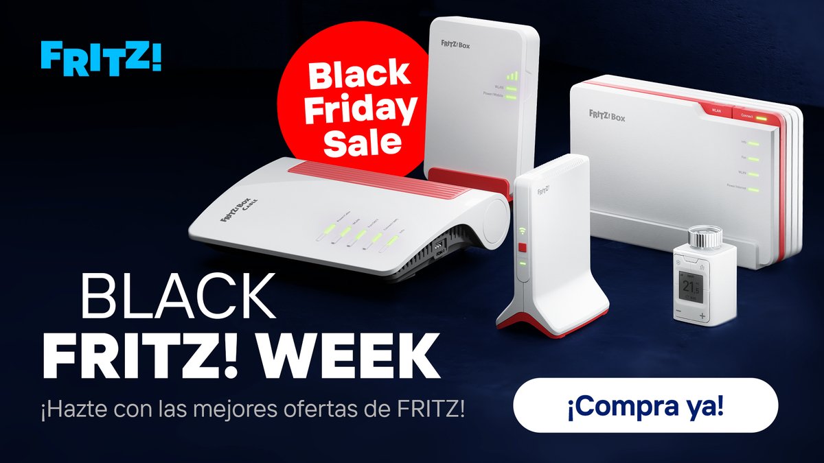 Empieza la Black FRITZ! Week con descuentos especiales en algunos de nuestros productos TOP disponibles en la web.
Si quieres mejorar tu Wi-Fi y equipar tu hogar con la mejor domótica, este es el momento de aprovecharlo.
👉 Entra aquí y descubre todas las ofertas.