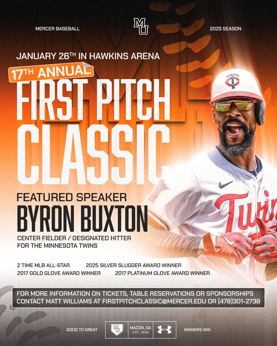 🚨𝐁𝐑𝐄𝐀𝐊𝐈𝐍𝐆 𝐍𝐄𝐖𝐒 🚨: Byron Buxton is headed to Macon !!

One of the best center fielders of this generation is our keynote speaker for the 17th Annual First Pitch Classic!

Get your tickets NOW!

📰🔗: bit.ly/44lknP0

#GoodToGreat | #WinnersWin
