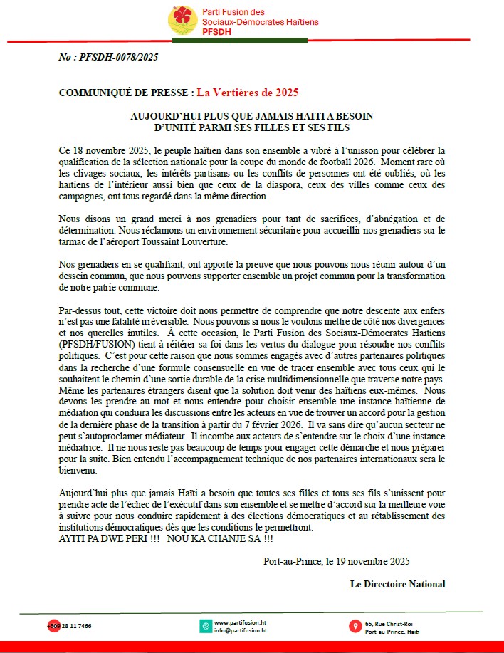 ⚽🇭🇹 Victoire historique : Haïti qualifiée pour la Coupe du monde !
Cette “Vertières de 2025” prouve que l’unité nationale est possible.
« Notre descente aux enfers n’est pas une fatalité »
Le PFSDH appelle à :
✔️ une médiation haïtienne choisie par les acteurs eux-mêmes
✔️ un