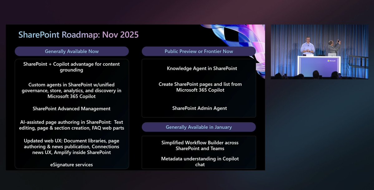 mkashman's tweet image. Fun to see @AdamHarmetz &amp;amp; John Mighell reveal the #SharePoint #roadmap 🛣️ at #MSIgnite, including Adam taking a pic of the roadmap from the stage — Very meta(data) of him 📸. 

Highlights 👀 SP page/list agent in Copilot Chat, new workflow UI simplicity, SAM and admin goodness.