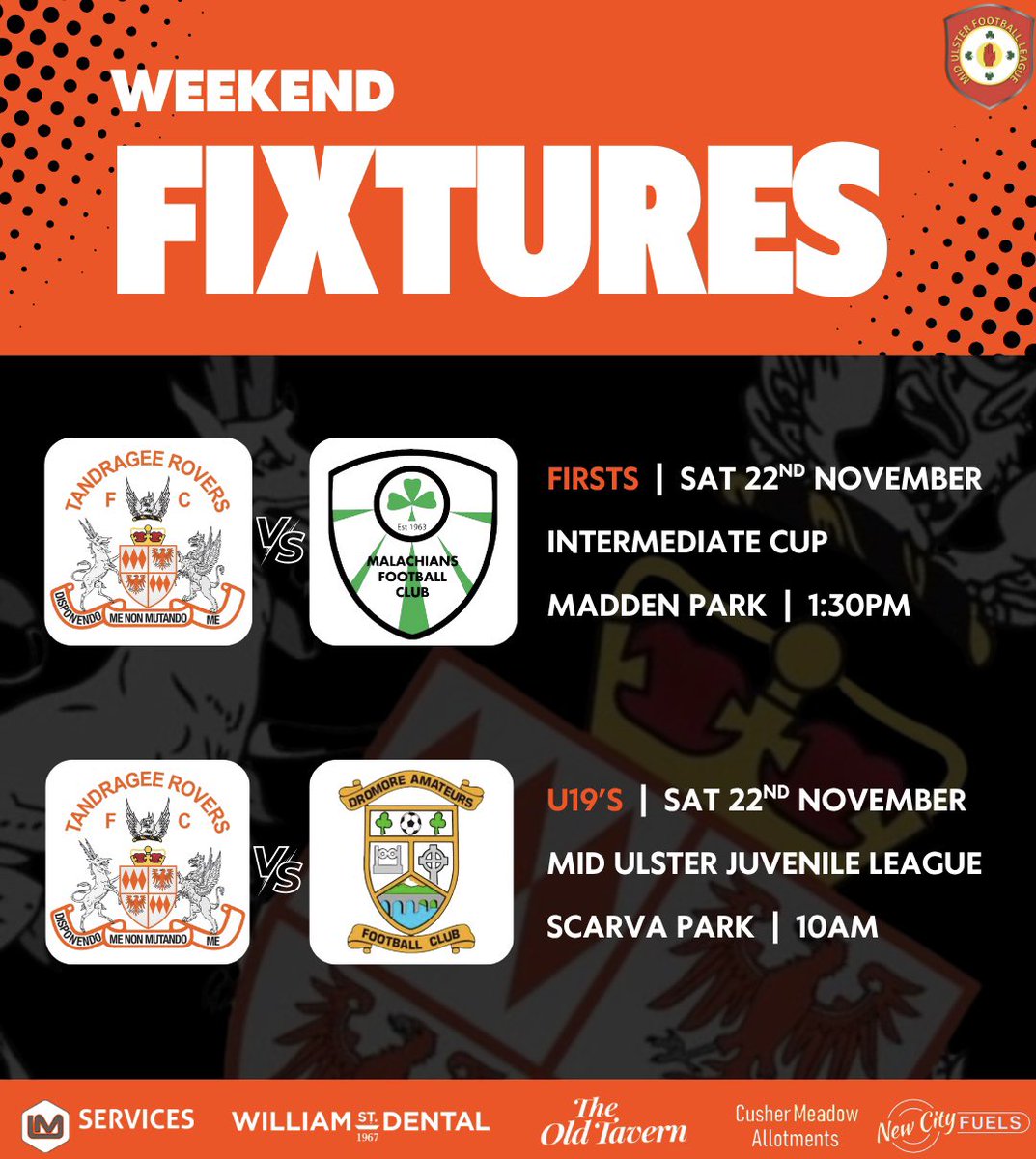 𝐖𝐞𝐞𝐤𝐞𝐧𝐝 𝐟𝐢𝐱𝐭𝐮𝐫𝐞𝐬 🟠⚫️

🟧 Firsts
🏆 Intermediate Cup
🆚️ Malachians
⏰️ 1:30pm
🏟 Madden Park

🟧 U19’s
🏆 MUJL
🆚️ Dromore Amateurs
⏰️ 10am
🏟 Scarva Park

𝐀𝐥𝐥 𝐬𝐮𝐩𝐩𝐨𝐫𝐭 𝐰𝐞𝐥𝐜𝐨𝐦𝐞.