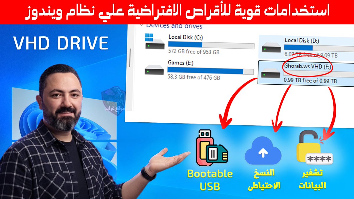 ghorabws's tweet image. 4 أسرار في Windows اسمها &quot;القرص الافتراضي&quot; (Virtual Disk)! 🤫
الميزة دي بتخليك مستخدم محترف بجد:
Backup بدون أي هارد خارجي.
تشفير الملفات بـ #BitLocker.
عمل فلاشة تمهيد (Bootable) وهمية.
مشاركة آمنة للملفات.
#Windows #VHDX #نصائح_تقنية #كمبيوتر #أمان_البيانات