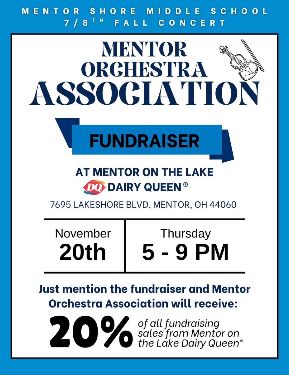 TONIGHT! Stop by before or after Shore’s middle school concert or the Internet Safety program at the FAC!  Or just driving by between 5pm-9pm. MOL DQ location. Mention the orchestra fundraiser!
