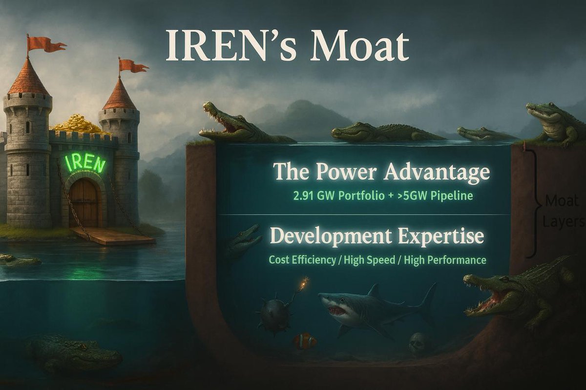 Agrippa_Inv's tweet image. $IREN&apos;s Moat 

Many investors get the wrong impression about $IREN&apos;s competitiveness by assuming its moat begins and ends with its ~3 GW secured power portfolio.

That framing naturally leads to the view that $IREN&apos;s competitiveness in the cloud industry will fade over time —…