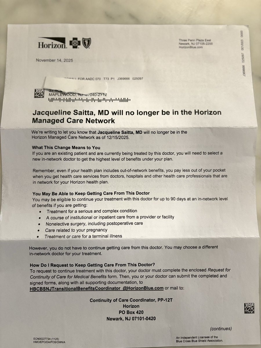 So I just got this letter from .<a href="/HorizonBCBSNJ/">Horizon BCBSNJ</a>. Conveniently, for them, this arrived right AFTER yearly open enrollment had ended for #NJ state workers. I’m sure many of us would have switched insurance providers, has we known they were dropping an entire network of doctors,