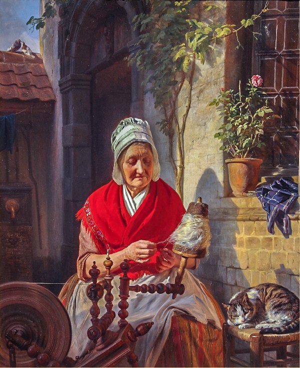 At the spinning wheel, (1845) — by Josephus Laurentius Dyckmans.