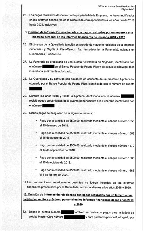 [Querella 26-24]

La <a href="/OEGPR/">Ética Gubernamental</a>  radicó una querella contra Aidamaris González González, exsecretaria del Municipio de Quebradillas y miembro de su Junta de Subastas, por presuntamente omitir información sobre ingresos, activos y pasivos en sus informes financieros.

Ver querella:
