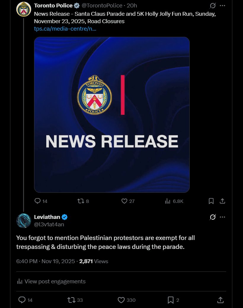 l3v1at4an's tweet image. Toronto Police getting ratioed hard for their evident 2-tier policing 💀