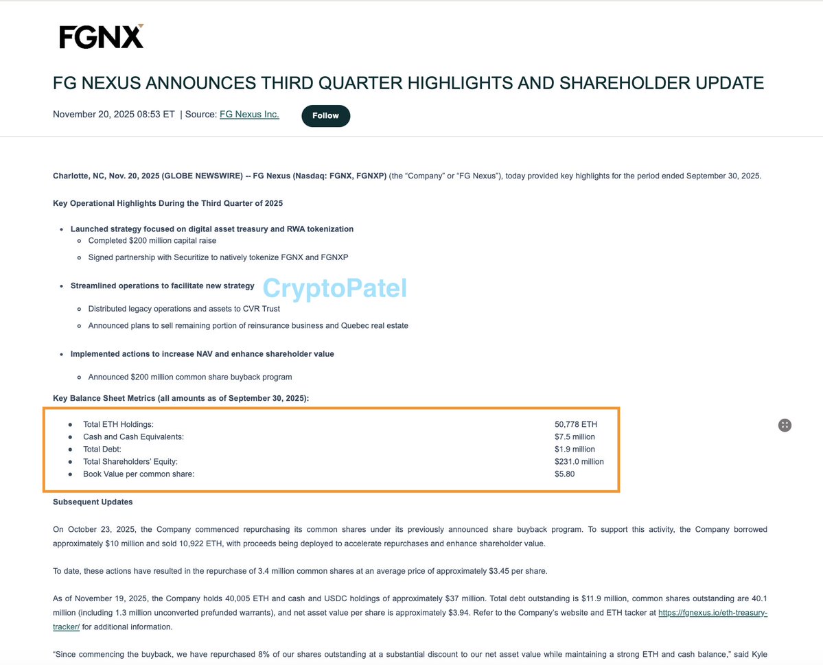 FG Nexus Sold $32.7M in $ETH: Treasury Companies Are Starting to Sell 🔹 FG  Nexus sold $32.7M in ETH (10922 ETH) 🔹 Now holds around 40,005 ETH 🔹  Other DAT companies are
