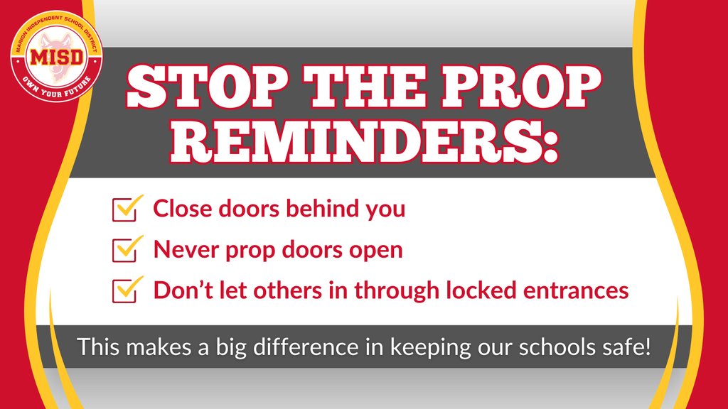 FMI_MISD's tweet image. Help us keep every campus safe—one closed door at a time.
✅ Close doors behind you
✅ Never prop doors open
✅ Don’t let others in through locked entrances

Please talk with your student about how they can help keep their school safe. 🛑

#MISDInspire #MISDOwnYourFuture
