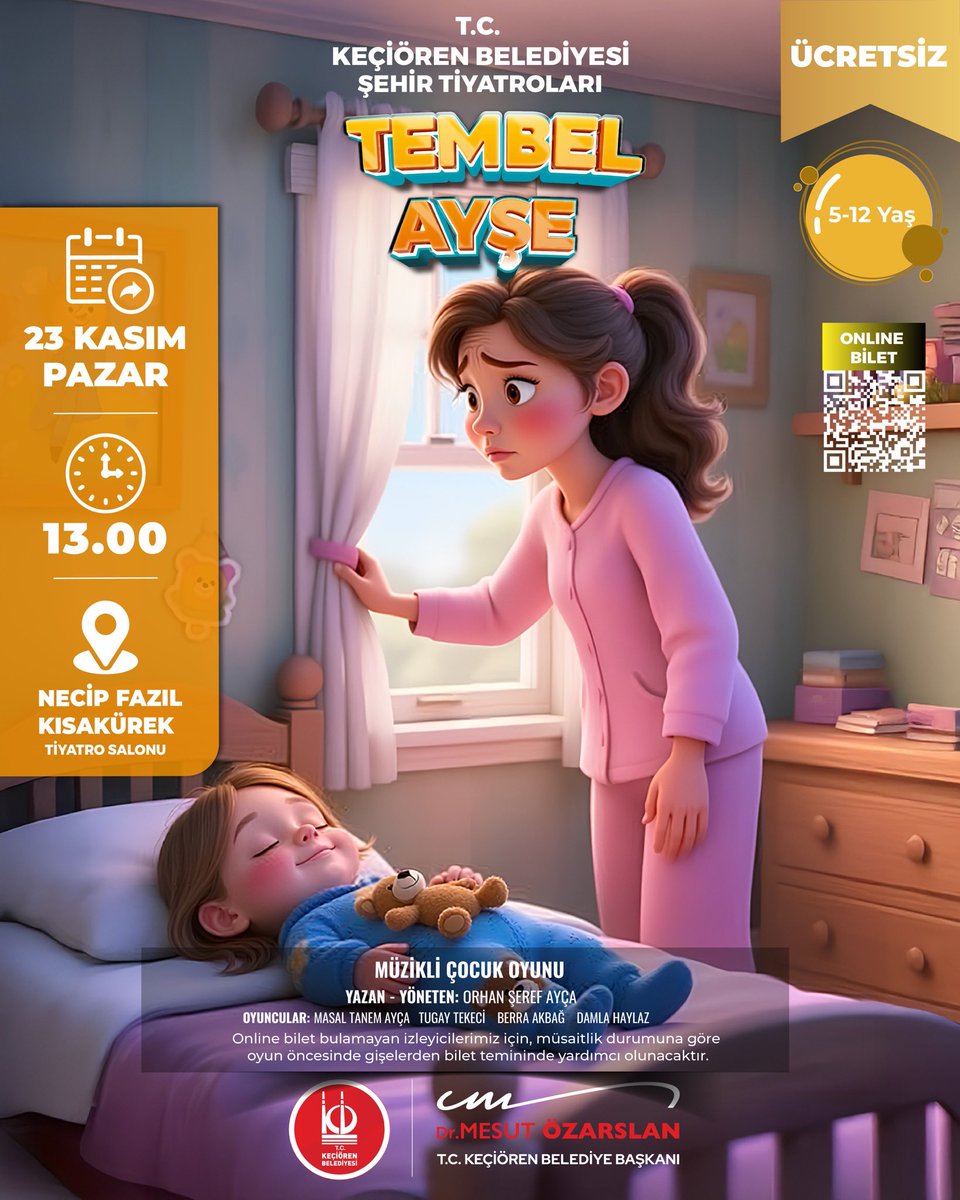 Keçiören Belediyesi Şehir Tiyatroları’nın sahnelediği Tembel Ayşe, yoğun talep üzerine yeniden sahnede sanatsever miniklerimizle buluşuyor. 🎭

🗓️ 23 Kasım Pazar
⏰ 13.00
📍 Necip Fazıl Kısakürek Tiyatro Salonu
🔗 Biletler: kecioren.bel.tr/tiyatro_on_bas…