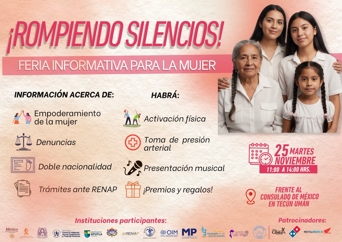 🧡 Este 25 de noviembre realizaremos la Feria “¡Rompiendo Silencios!” frente al Consulado de México en Tecún Umán.

⏰ 11:00 a 14:00 hrs

Un espacio seguro para informar, acompañar y apoyar a las mujeres de la región.

#25N #DíaNaranja #VAIM #SAIME