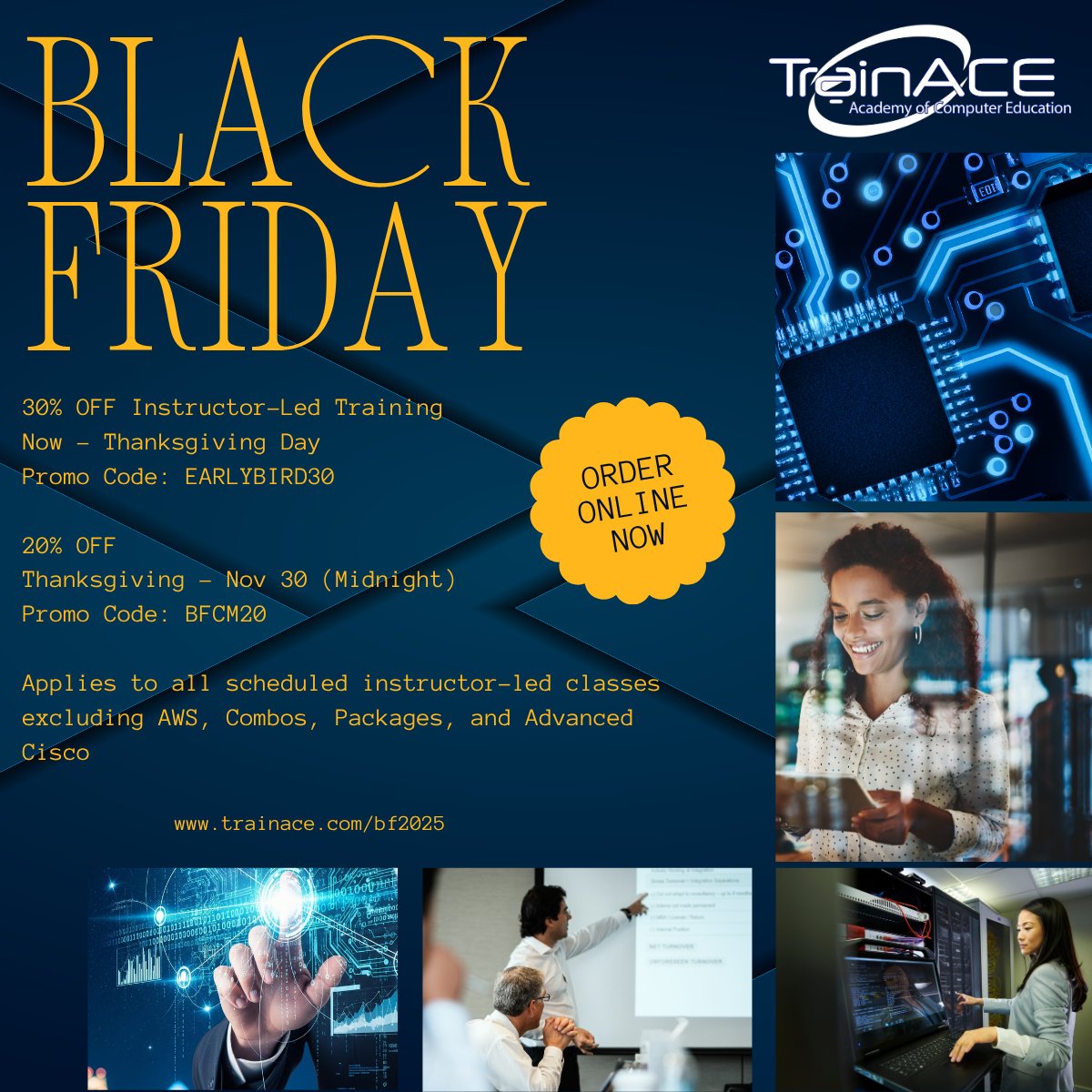 SecPlusClasses's tweet image. TrainACE’s Black Friday + Cyber Monday Sale is officially live!
For a limited time, get 30% off most instructor-led training through Thanksgiving Day. After that, the savings continue with 20% off until November 30th at midnight.