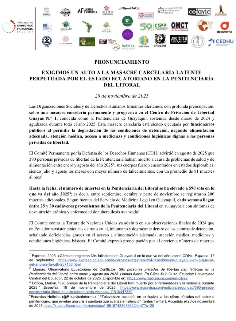 🚨ALERTA| Hasta la fecha, el número de muertes en la Penitenciaría del Litoral se ha elevado a 590 solo en lo que va del año 2025.
#AltoALasMasacresCarcelarias 
<a href="/UN_SPExperts/">UN Special Procedures</a> 
<a href="/UN_HRC/">UN Human Rights Council</a> 
<a href="/Ginitastar/">Gina Romero</a>   
<a href="/UN_HRC/">UN Human Rights Council</a> 
<a href="/profbensaul/">Prof Ben Saul - UN SR Human Rights & Counterterror</a> 
<a href="/AmnistiaOnline/">Amnistía Internacional Américas</a>