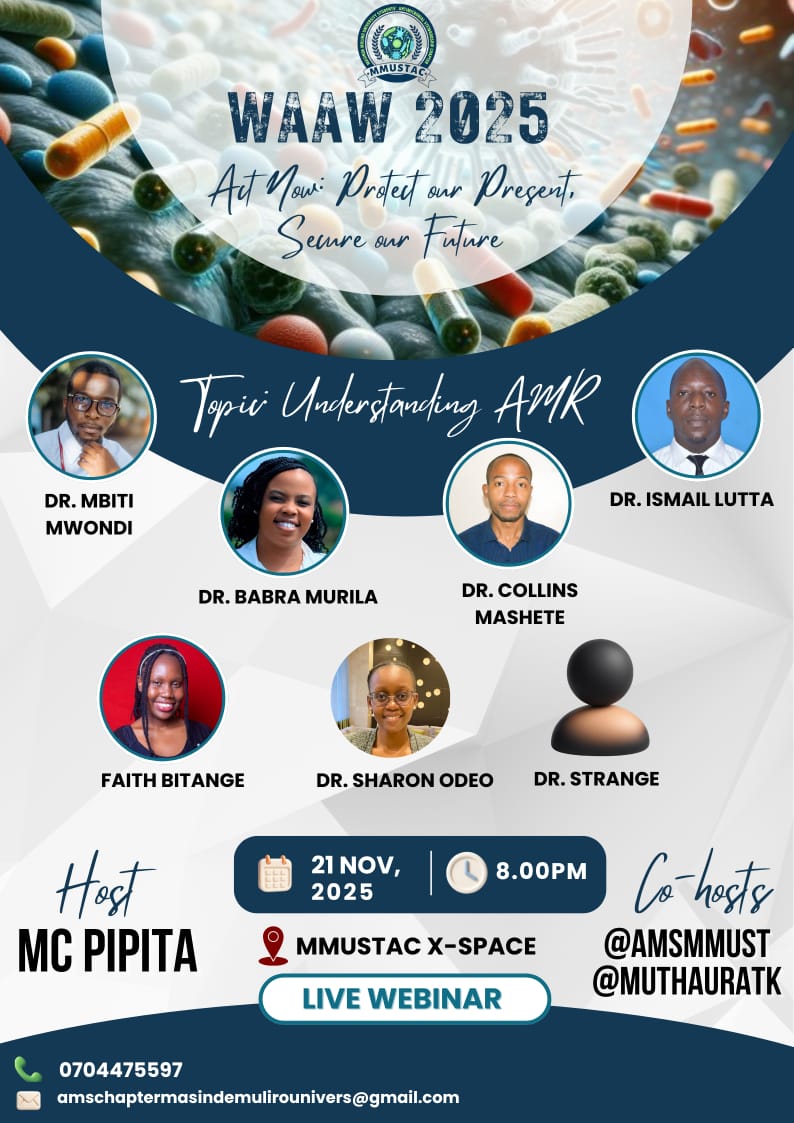 Mark your calendars! 🗓️🔥
WAAW 2025 kicks off with a powerful X-Space discussion: Understanding AMR.
Join our incredible lineup of speakers and be part of the global movement against AMR.
📍 21 Nov | 🕗 8:00 PM
<a href="/mcpipita/">Pipita</a>
<a href="/AMR_Kenya/">AMR Kenya</a> <a href="/WHO/">World Health Organization (WHO)</a>
<a href="/Amref_Kenya/">Amref Health Africa in Kenya</a>
<a href="/mbiti_mwondi/">Mbiti Mwondi Maino,MD</a>
#WAAW2025