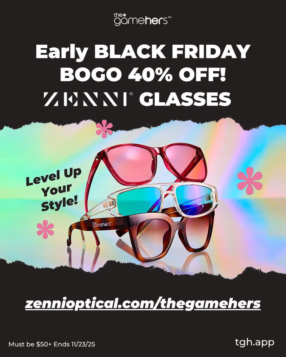 thegamehers's tweet image. Early Zenni Black Friday Sale! Stock up on your favorite @zenni_gaming glasses with a BOGO 40% off a pair of glasses! 

Use the link in our bio to shop or go to zennioptical.com/thegamehers! Use code EARLYBF25 at checkout.

One pair of glasses must be $50+. Offer ends Nov 23, 2025.