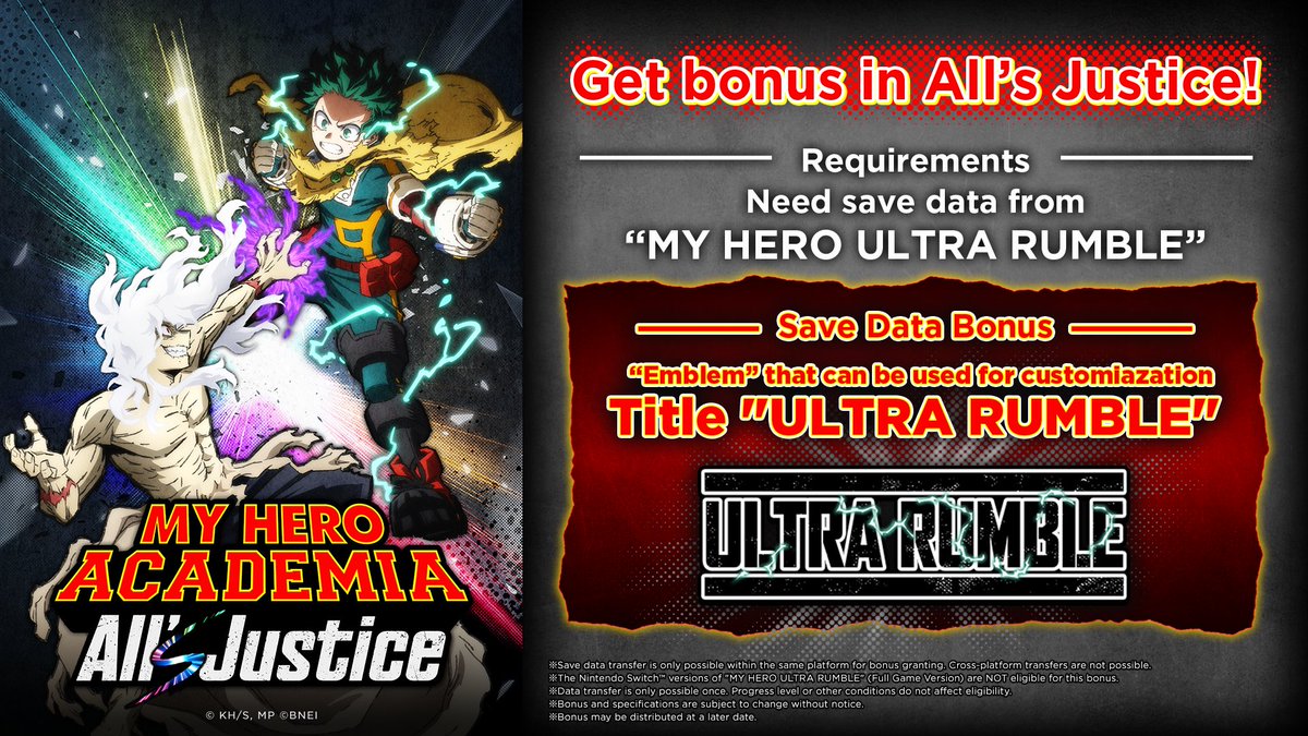 Get a bonus in MY HERO ACADEMIA: All's Justice with your save data from MY HERO ULTRA RUMBLE!

#MHA #MHAAJ