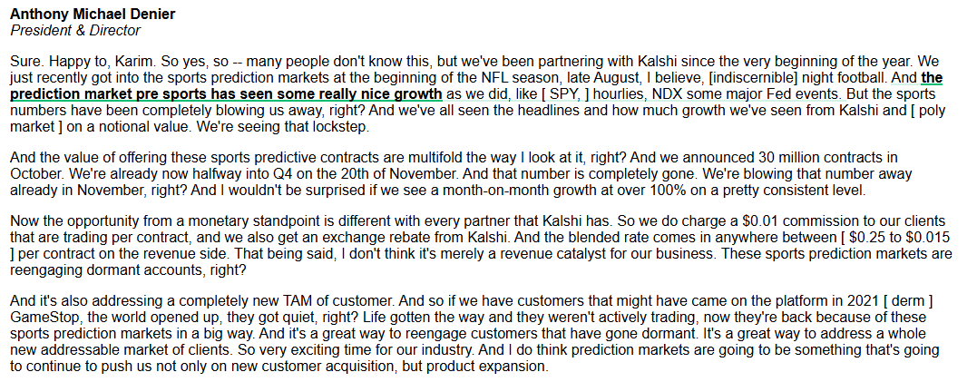 AlphaSenseInc's tweet image. $BULL CEO on the revenue opportunity from prediction markets:

&quot;..many people don&apos;t know this, but we&apos;ve been partnering with Kalshi since the very beginning of the year. We just recently got into the sports prediction markets at the beginning of the NFL season, late August, I…