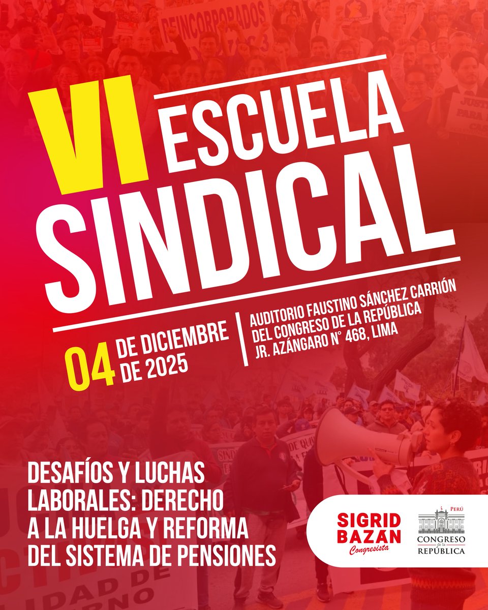 sigridbazan's tweet image. Les invitamos a participar en la VI Escuela Sindical, donde abordaremos dos ejes fundamentales: el derecho a huelga y la reforma del sistema de pensiones.

Este será un espacio para aprender, intercambiar y fortalecer capacidades sindicales.

📌Inscríbete: forms.gle/WMkBDqskyUrt1d…