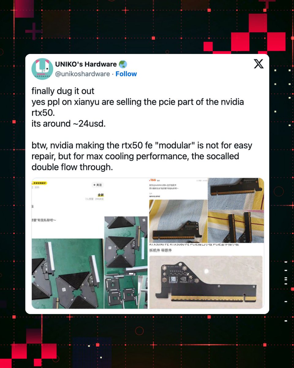 PCMag's tweet image. Good news for broken high-end Nvidia GPUs 🛠️. 

Replacement modular PCIE connectors for the RTX5090 and RTX Pro 6000 are now available from Chinese suppliers for just $25 💸.

This DIY GPU repair could spare you a lot of change. #HardwareHacks

Read more on PCMag 🔗…