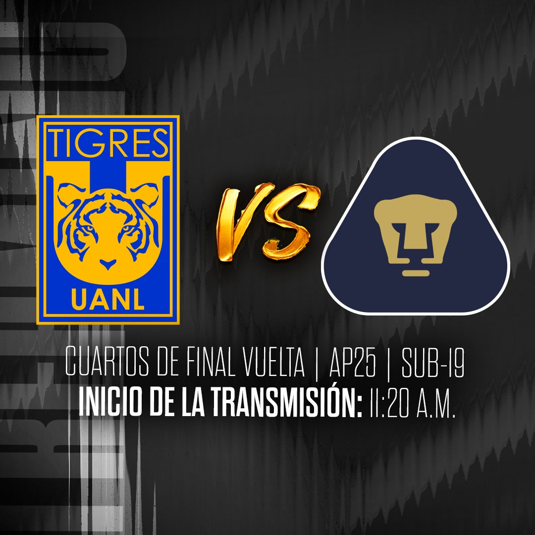 Este sábado 22 de noviembre sigue todas las acciones de nuestro encuentro ante Pumas Sub-19 en la vuelta de los Cuartos de Final del Apertura 2025.

youtube.com/live/RDeKPNvpX…

🗓️Sábado 22 de noviembre.
🎥YouTube Club Tigres.
🕒11:20 a.m.
