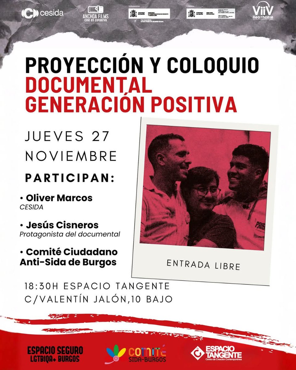 SidaBurgos's tweet photo. 📢 Proyección + Coloquio | “Generación Positiva”
📅 Jueves 27 de noviembre⏰ 18:30 h
📍 Espacio Tangente (C/ Valentín Jalón, 10 – Bajo)
🎟 Entrada libre

Con motivo del 1 de diciembre – Día Mundial de la Lucha contra el SIDA, organizamos este encuentro para reflexionar juntas sobre memoria, activismo y derechos, poniendo en el centro las voces de quienes siguen construyendo una respuesta colectiva frente al estigma.

🎬 “Generación Positiva”
Un documental imprescindible que recorre las vidas, desafíos y conquistas de jóvenes que viven con VIH, rompiendo mitos y mostrando realidades que aún hoy siguen invisibilizadas.

🗣 Tras la proyección tendremos un coloquio online con:
• Oliver Marcos @cesida_esp
• Jesús Cisneros @casipa_org
• Comité Ciudadano Antisida de Burgos @SidaBurgos

Será un espacio para compartir, preguntar y seguir ampliando la conversación sobre el VIH desde el respeto, la escucha y la información veraz.

💜 Te invitamos a venir, compartir y difundir. Hablar de VIH sigue siendo urgente. Visibilizar salva vidas.