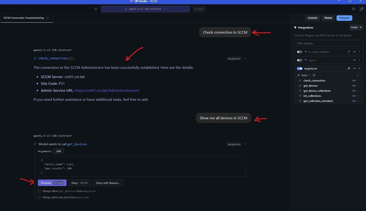 HeyRadu's tweet image. I&apos;ve  bridged LM Studio 0.3.32 with my Microsoft SCCM server using FastMCP, creating an SCCM device collection by asking in natural language. 

#LocalAI #SCCM #MicrosoftSCCM #FastMCP #Qwen #ITAutomation

Running Qwen2.5-VL-32B (32B parameters) entirely on my own hardware, wired…