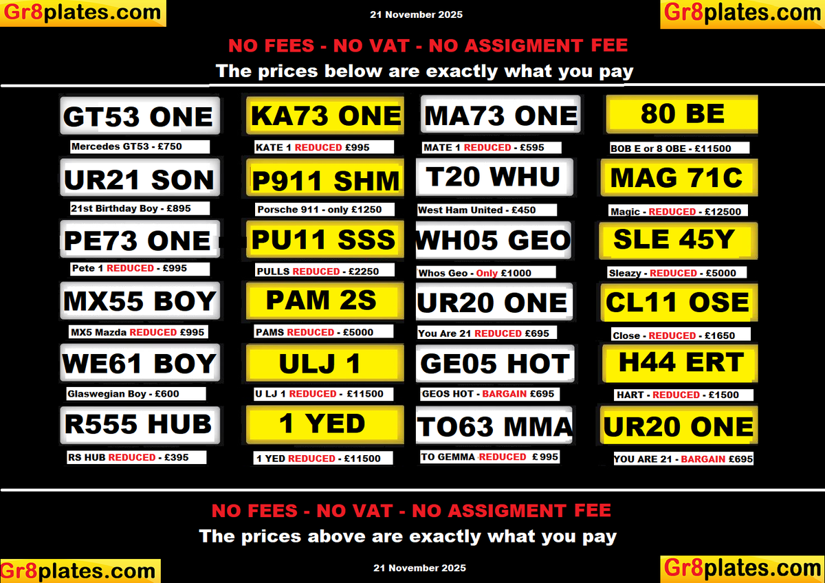 Gr8platesUK's tweet photo. 21/11/2025 Update.
You won't find these plates any cheaper as we own them @Gr8platesUK https://t.co/g9ySmWvfOp